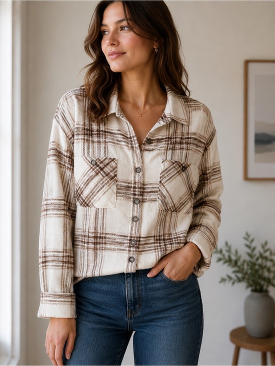 Ardene Tops - Ardene Cream & Brown Plaid Button-Down Shirt Jacket